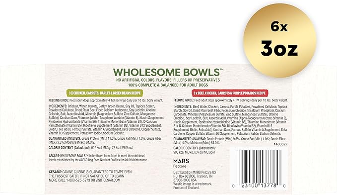 CESAR WHOLESOME BOWLS Adult Soft Wet Dog Food, Chicken, Carrots, Barley & Green Beans Recipe and Beef, Chicken, Purple Potatoes & Carrots Recipe Variety Pack, 3oz., Pack of 6