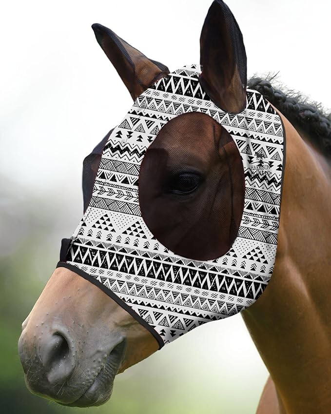 Harrison Howard Super Comfort Stretchy Fly Mask Large Eye Space with UV Protection Soft on Skin with Breathability Doodle Aztec M Cob