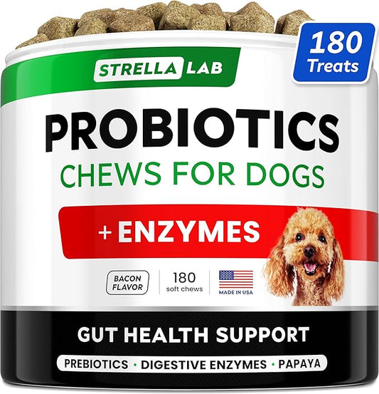 StrellaLab Dog Probiotics Treats for Picky Eaters (180ct) - Digestive Enzymes + Prebiotics - Chewable Fiber Supplement - Allergy, Diarrhea, Gas, Constipation, Upset Stomach Relief - Improve Digestion