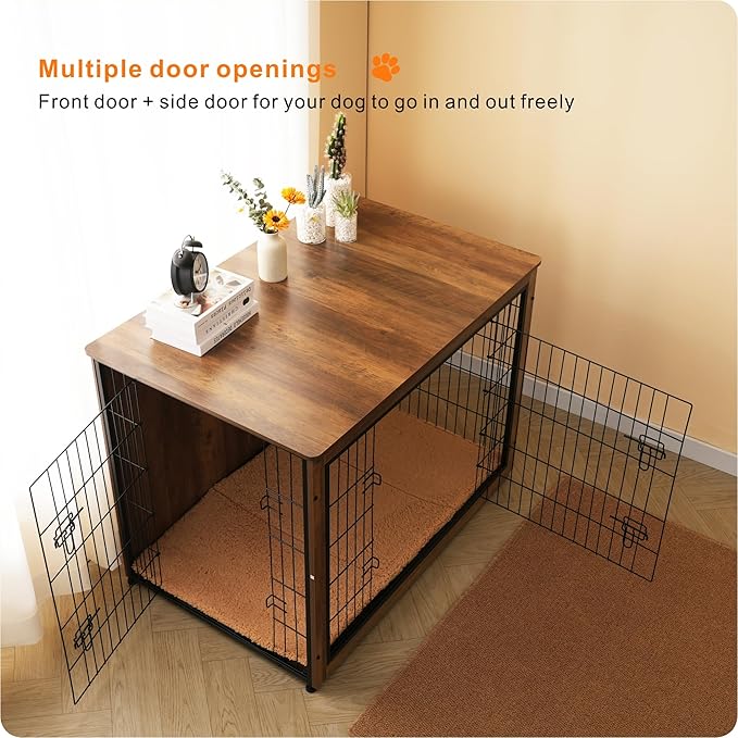 DWANTON Dog Crate Furniture with Cushion, XL Wooden Dog Crate with Double Doors, Large Dog Crate Furniture, Dog Kennel Indoor, Dog House, Extra Large, 43.3" L, Warm Brown