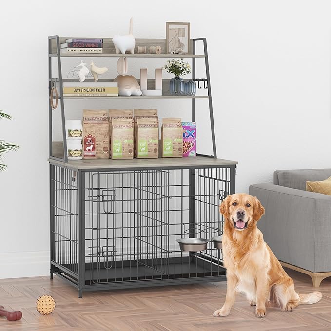 GAOMON Dog Crate Furniture with Storage Shelves, Wooden Dog Kennel with Removable Tray,Double Doors Modern Dog Crate,Indoor Dog House with Two Adjustable Stainless Steel Bowls,End Table Dog Cage,Grey