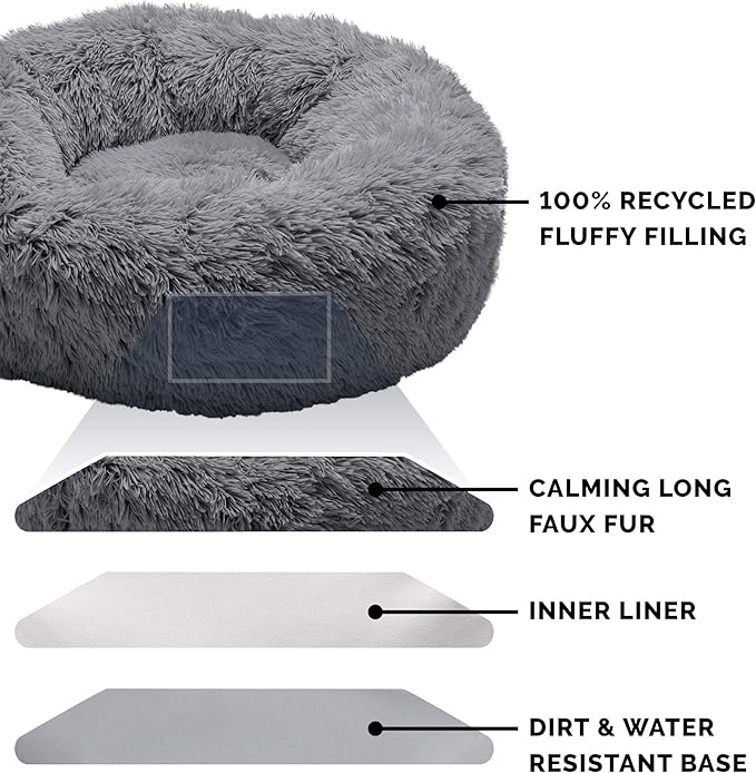 Furhaven 23" Round Calming Donut Dog Bed for Indoor Cats & Small Dogs, Washable, For Dogs Up to 20 lbs - Shaggy Plush Long Faux Fur Donut Bed - Gray, Small, 23.0"L x 23.0"W x 9.0"Th