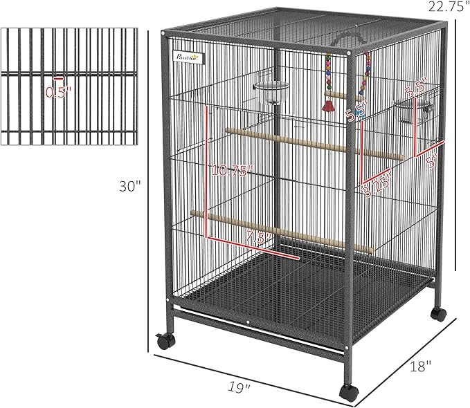 NicBex 29.25" Metal Bird Cage, Large Parakeet Cages with Stand,Pet Flight Birdcage for Parrot Lovebirds Finches Parakeets Budgie Parrotlet Conures,Swing, Stainless Steel Bowls, Removable Tray,Gray