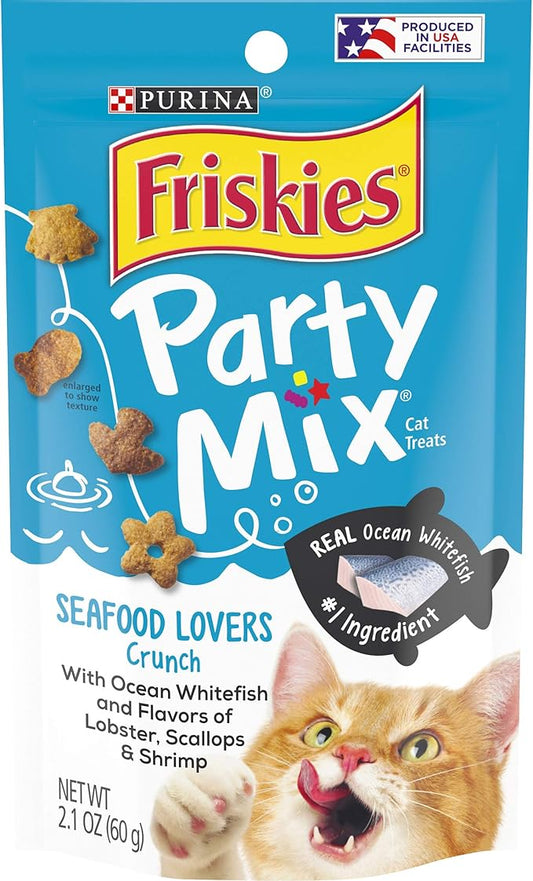 Friskies Made in USA Facilities Cat Treats, Party Mix Seafood Lovers Crunch - (10) 2.1 oz. Pouches