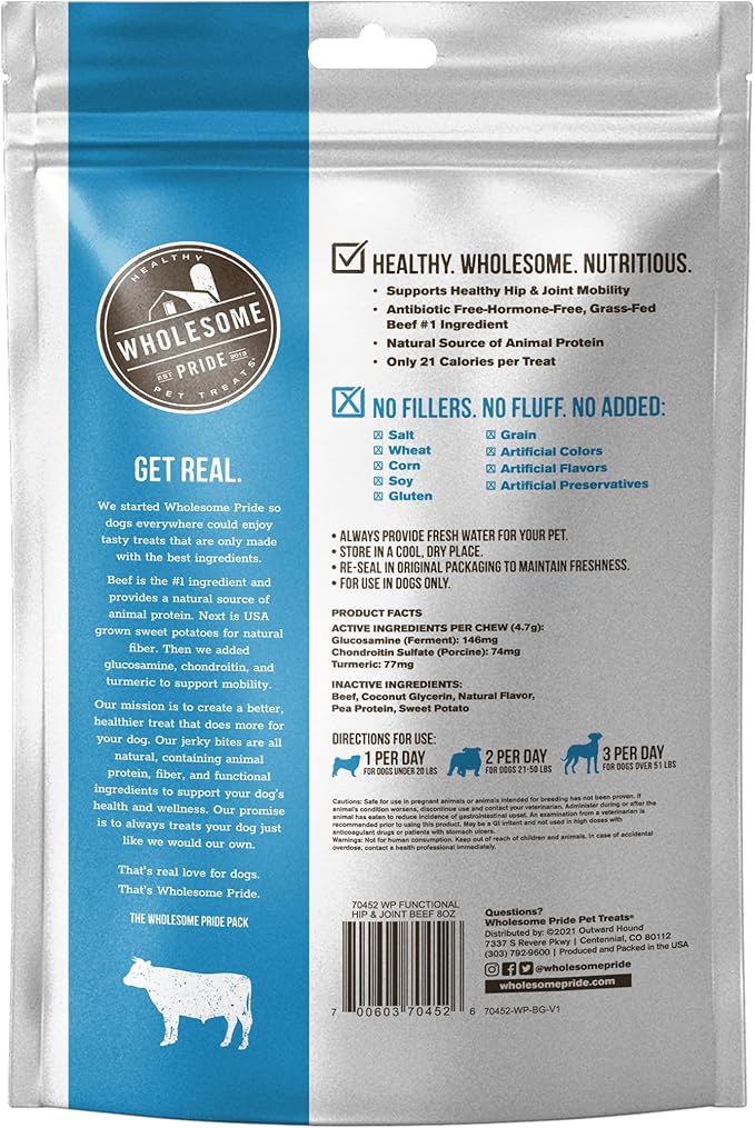 Wholesome Pride Functional Dog Hip & Joint Support Beef Recipe Jerky Bites Dog Treats - 8 oz