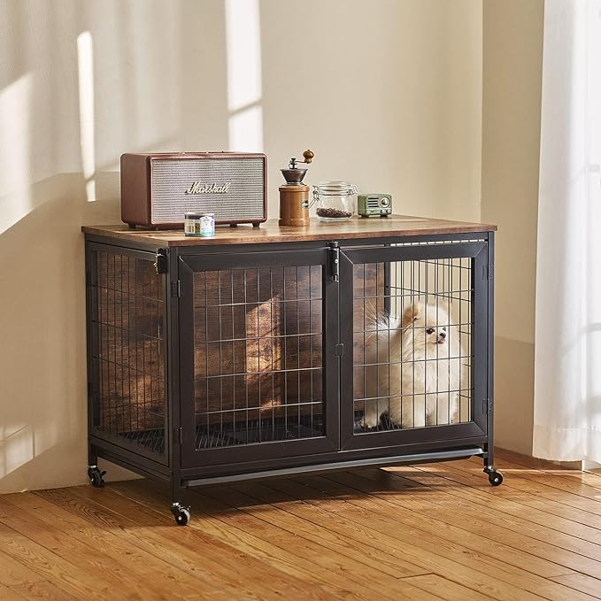 CO-Z 37 Inch Furniture Dog Crate with Wheels, 110 lb Pet Puppy Dogs Indoor Furniture Style Wooden Kennel, Heavy Duty Pet Cage House for Small Medium Large Dogs, Triple-Door Side End Table Dog House