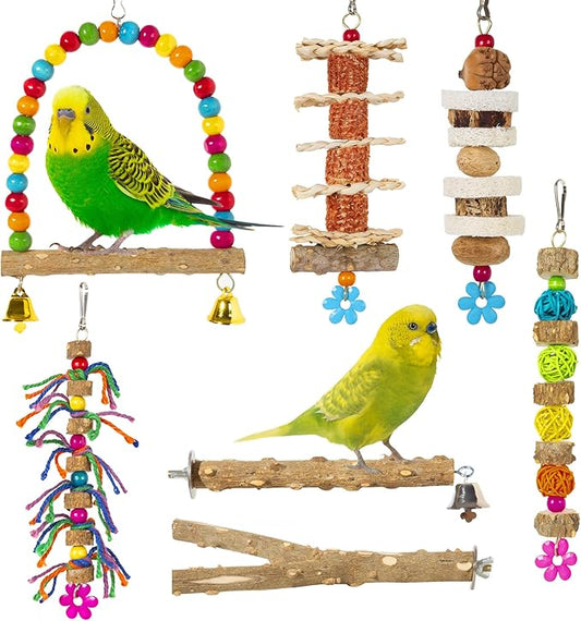 Bird Perch Parakeet Chewing Toys 7PCS - Parrot Cage Accessories Stuff, Natural Wooden Foraging Chew Toys for Budgerigars, Conure, Cockatiel, Finch, Lovebirds, Perches for Medium, Small Birds