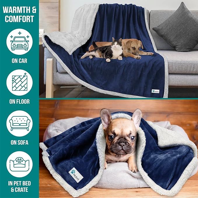 PetAmi Waterproof Dog Blanket for Small Medium Dog, Pet Puppy Blanket Couch Cover Protection, Sherpa Fleece Cat Blanket Couch Sofa Bed Furniture Protector Reversible Soft Washable 29x40 Navy Throw