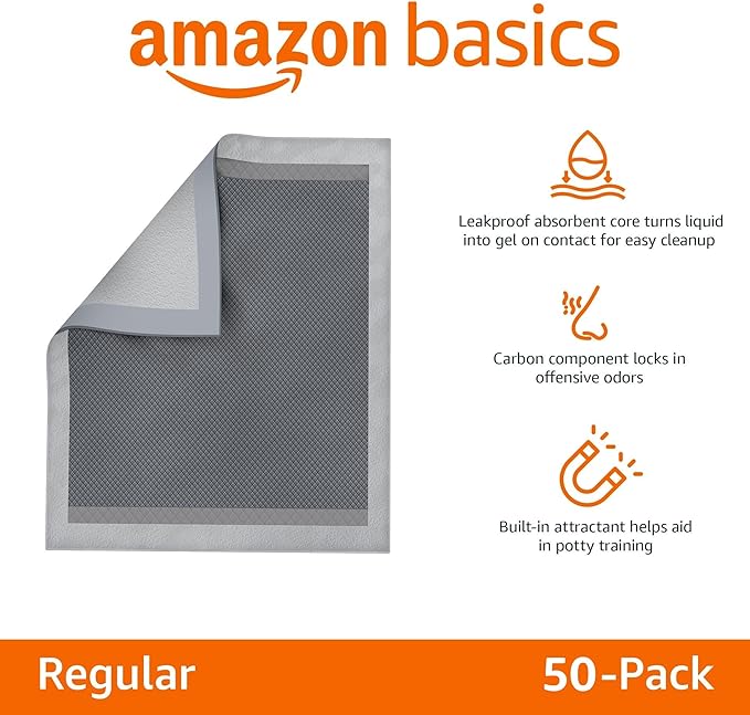 Amazon Basics Dog and Puppy Pee Pads with 5-Layer Leak-Proof Design and Quick-Dry Surface for Potty Training, Odor-Control Carbon, XL, 28 x 34 Inch - Pack of 50, Gray