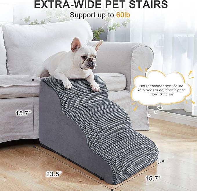 Ryoizen Dog Stairs Ramp for Small Dogs, Pet Stairs Tool for High Bed Couch, Dog Ladder as Puppy Stuff, 3 Tiers Non-Slip Pet Stairs with High Density Foam, Gifts Lint Roller for Dogs, Grey Black