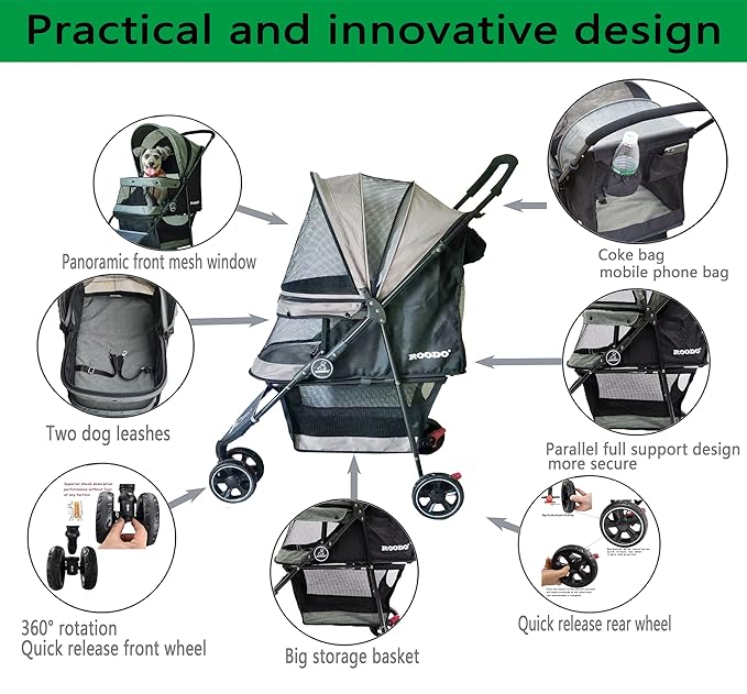 ROODO Escort 3Wheel Dog Stroller Pet Strollers Small Medium Dogs Cat Kitty Cup Holder Lightweight Foldable Portable Compact Pet Gear Jogger Puppy Travel System Foldable(Black)