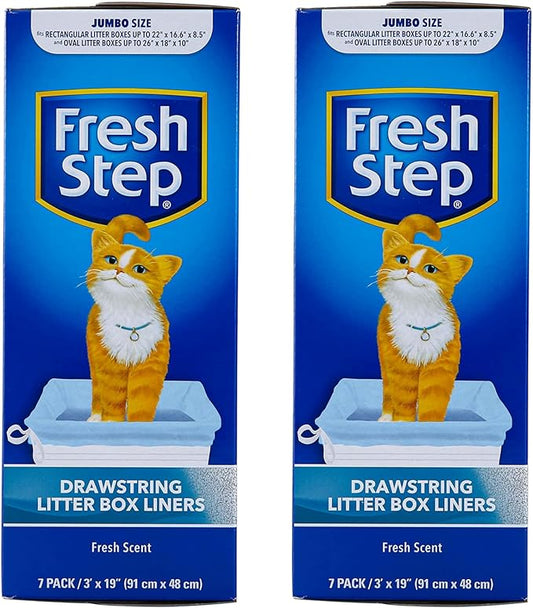 Fresh Step Drawstring Cat Litter Box Liners, Scented, Jumbo Size, 36" x 19" - 7 Count Per Box, 2 Boxes, Kitty Litter Bags, Cat Litter Liners for All Cats to Keep Your Home Clean