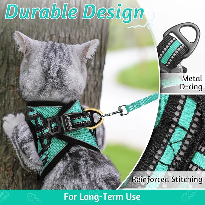 rabbitgoo Cat Harness and Leash Set for Walking Escape Proof, Adjustable Soft Kittens Vest with Reflective Strip for Cats, Comfortable Outdoor Vest,Green,M