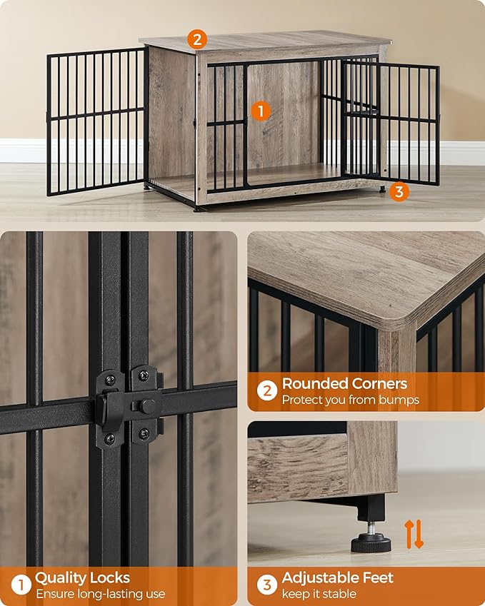 Feandrea Dog Crate Furniture, Side End Table, Modern Kennel for Dogs Indoor up to 70 lb, Heavy-Duty Dog Cage with Enclosed Base, Double-Door Dog House, Heather Greige UPFC023G01