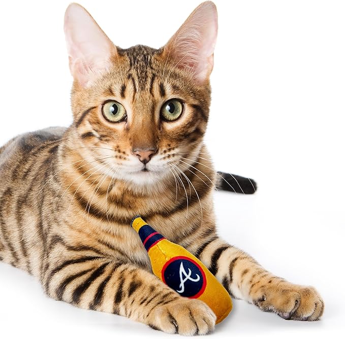 BEST PLUSH CAT TOY - MLB ATLANTA BRAVES Complete Set of 3 piece Cat Toys filed with Fresh Catnip. Incld: 1 Baseball Cap Cat Toy, 1 Baseball Cat Toy with Feathers, & 1 Beer Bottle. Beautiful Team LOGOS