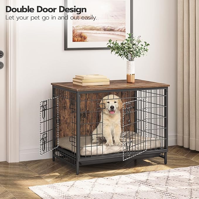 Dog Crate Furniture, Wooden Dog Kennel with Removable Tray, Heavy-Duty Dog Cage for Small/Medium/Large Dogs, Indoor Dog House End Side Table, 31.5" L, Rustic Brown DCHR0201Z