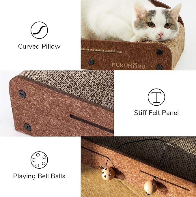 FUKUMARU 21 Inch Cat Scratcher Cardboard, Cat Lounger, Durable Cat Scratcher Bed Large Lounger with Bell Ball Toy, Recyclable Cat Scratching Pads for Indoor Cats, Cat Scratch Bed Cardboard