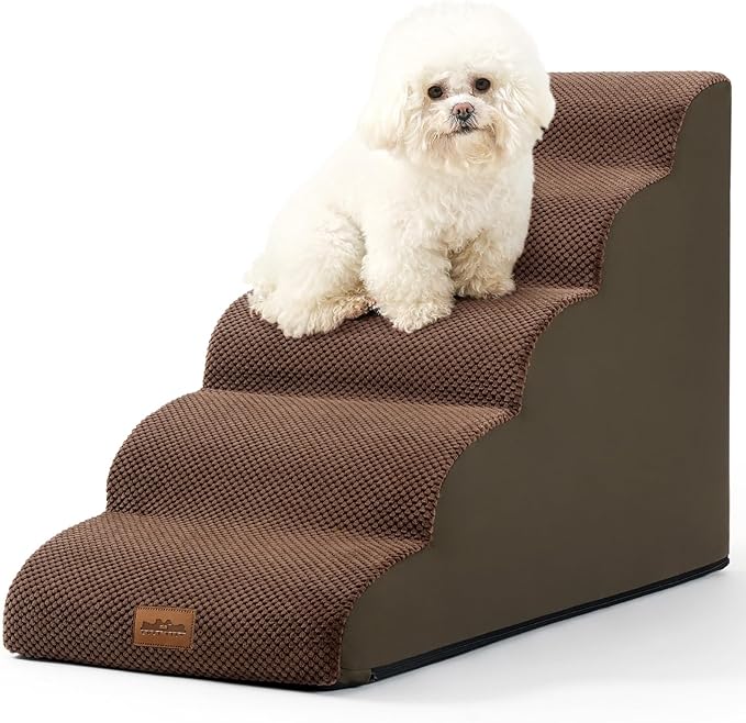 Dog Stairs for High Bed 23" H, Small Dogs Ramp with Leakproof Fabric Cover, Foam Pet Steps for Cat, Couch and Sofa, Lightweight, Non-Slip, Durable, Comfort, 15.7x33x22.6in, Brown, 5 Tiers