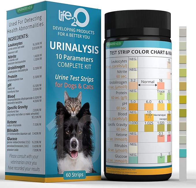 10-Parameter Cat & Dog Urine Test Strips 60ct, Cat & Dog UTI Test Kit, Diabetes Testing for Diabetic Pets, Urinalysis Reagent Strips: Glucose, Specific Gravity, pH, Ketone, Protein & More.