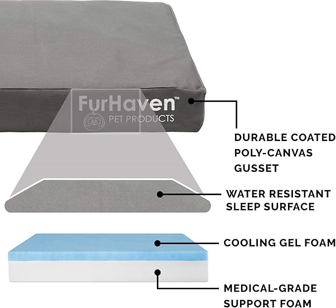 Furhaven Water-Resistant Cooling Gel Dog Bed for Medium/Small Dogs w/ Removable Washable Cover, For Dogs Up to 35 lbs - Indoor/Outdoor Logo Print Oxford Polycanvas Mattress - Stone Gray, Medium