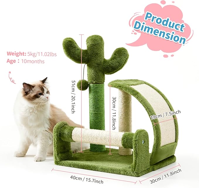 Made4Pets Cat Scratching Post, Cactus Scratcher Tree for Indoor Small Cats, Adult Kitten Scratch Pad with Natural Sisal Ropes, Cute Kitty Nail File Vertical Scratcher with Green Carpet Cover