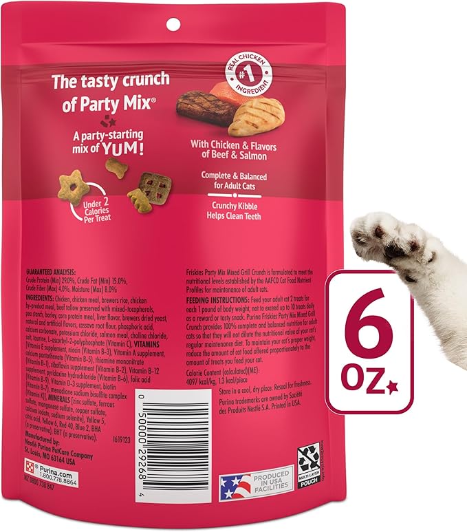 Purina Friskies Cat Treats, Party Mix Mixed Grill Crunch - (Pack of 6) 6 Oz. Pouches