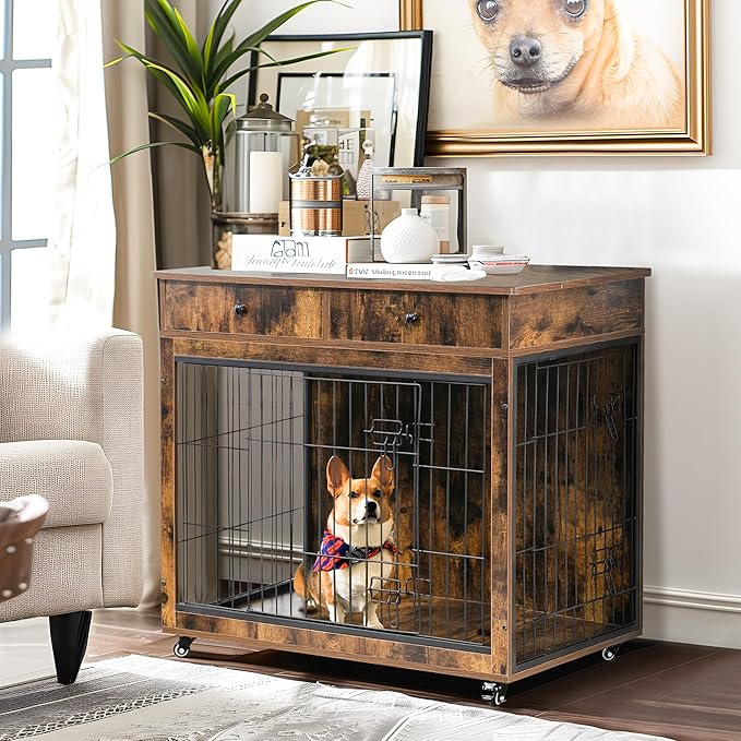 NicBex Dog Crate Furniture, 31.7" L Dog Crates for Medium Dogs, Medium Dog Crate with Drawers, Wooden Dog Kennel Indoor Pet Crate for Small Medium Dog, Rustic Brown