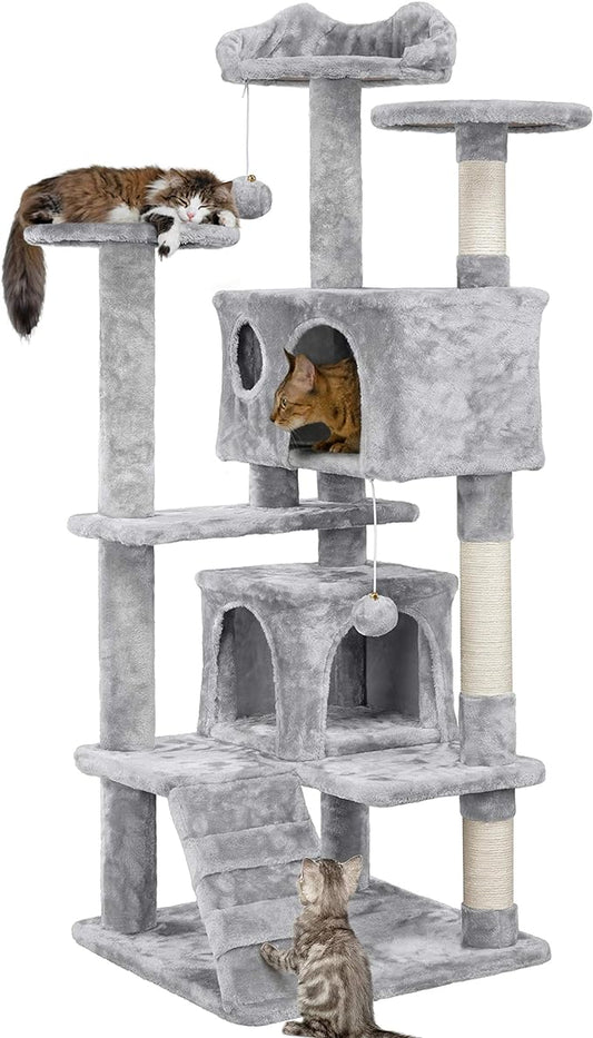 Yaheetech 54in Cat Tree Cat Tower w/Scratching Posts, Double Condos and Dangling Balls Kittens Pet House Play, Light Gray