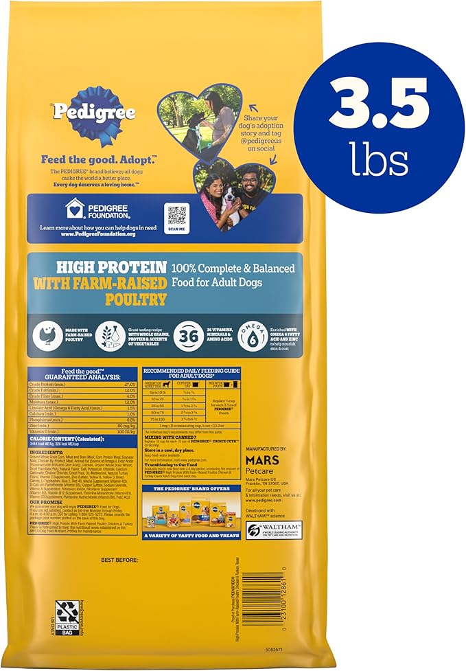 PEDIGREE High Protein Adult Dry Dog Food Chicken and Turkey Flavor Dog Kibble, 3.5 lb. Bag