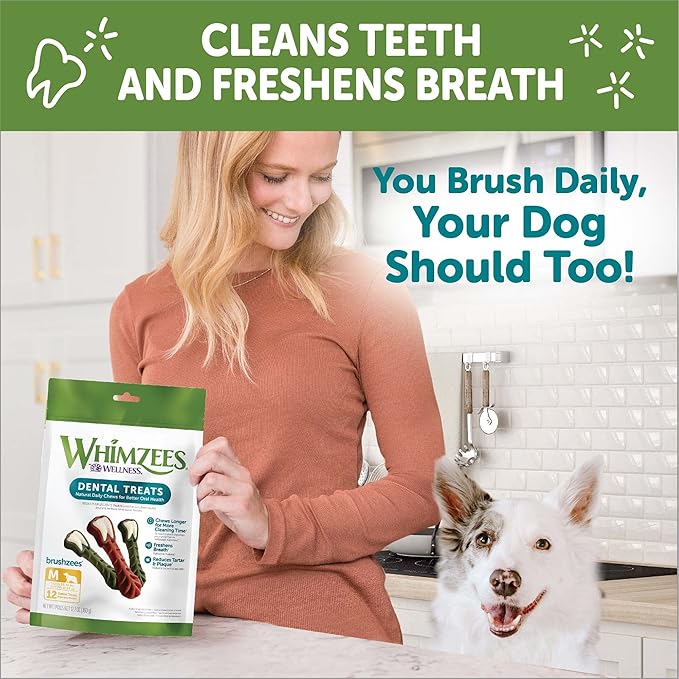 WHIMZEES by Wellness Brushing Dental Chews For Dogs, Grain-Free, Long Lasting Treats, Freshens Breath Medium Breed, 12 Count