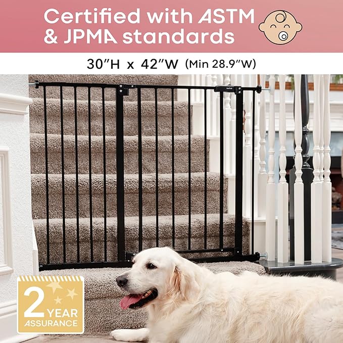 InnoTruth 28.9-42.1" Wide Baby Gate for Stairs, 30" Tall Dog Gates for Doorways Expandable One-Hand Open, Easy Walk Through Dual Lock Metal Pet Gates for Dogs, Black-Family & Mom's Choice Award Winner