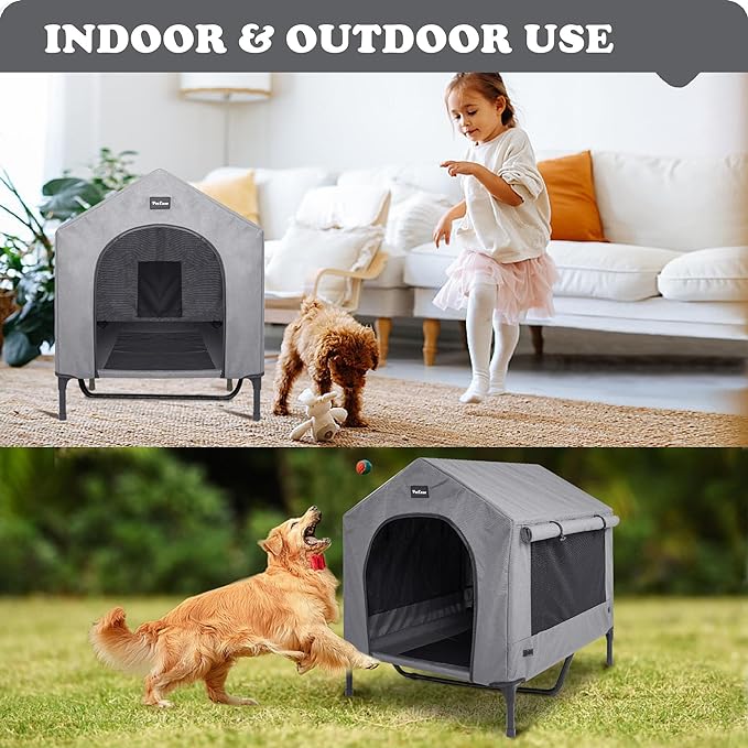 2 in 1 Dog House,Elevated Dog Bed with Removable Cover, Indoor & Outside Puppy Shelter Cot,Raised Dog Bed for Large Dogs & Cats (Grey, Large)