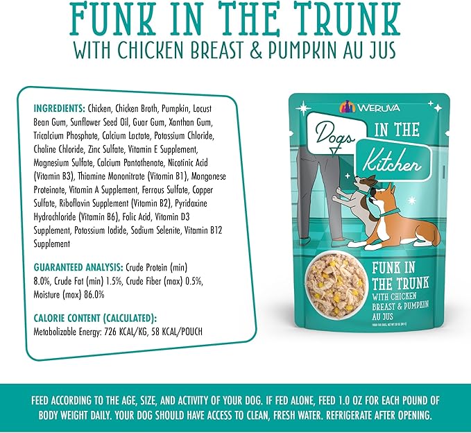 Weruva Dogs in The Kitchen, Funk in The Trunk with Chicken Breast & Pumpkin Au Jus Dog Food, 2.8Oz Pouch (Pack of 12)