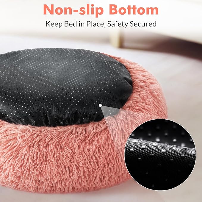 rabbitgoo Cat Beds for Indoor Cats, 24 inches Cat Bed Machine Washable, Fluffy Round Pet Bed Non-Slip, Calming Soft Plush Donut Cuddler Cushion Self Warming for Small Dogs Kittens, Pink, Large