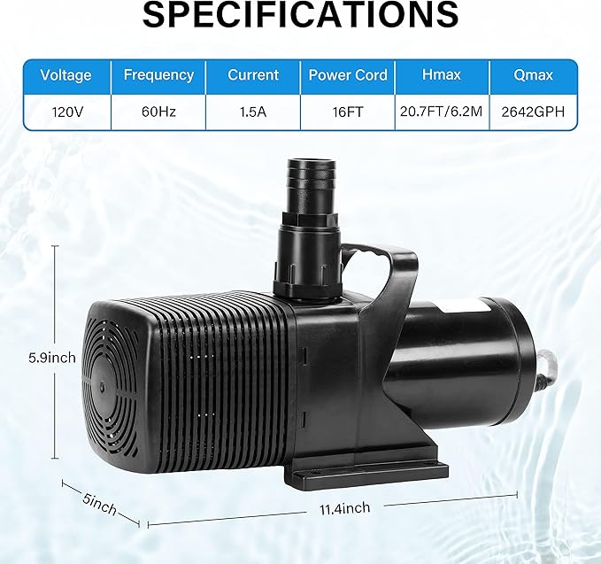 Simple Deluxe 2642GPH 180W Submersible Water Pump 20.7FT High Lift with 16-Foot Power Cord for Aquariums, Fish Tank, Pond, Fountain, Hydroponics, Black