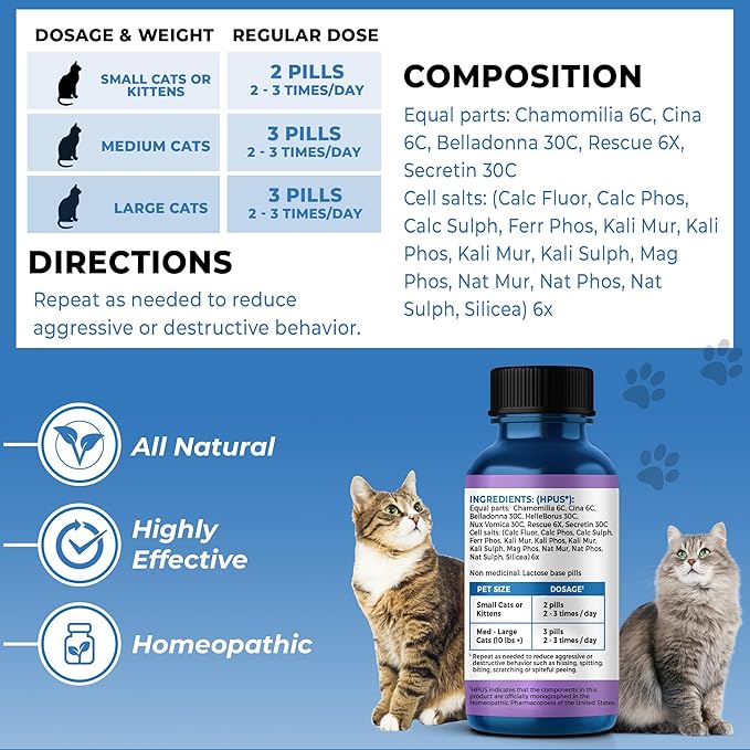 BestLife4Pets Peaceful Paws Cat Calming Pills Aggression & Anxiety Management for Stress, Spraying, Territorial Behavior - Natural Calming Solution for Cats - Non-Drowsy Relief