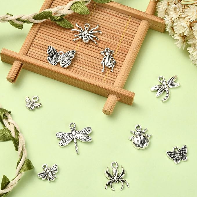 Stiesy 100 Pcs Insect Themed Tibetan Alloy Charms Vintage Dragonfly Bee Spider Cicada Ladybird Charms for DIY Crafts Keychain Making
