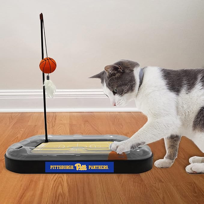 Cat Scratch Toy NCAA PITTSBURGH Panthers REVERSIBLE Basketball Court Felt/Cardboard Cat Scratcher Toy. Interactive Cat Ball Bell in Tracks. 6-in-1 CAT TOY: Cat Wand Poll CATNIP-FILLED Plush Basketball