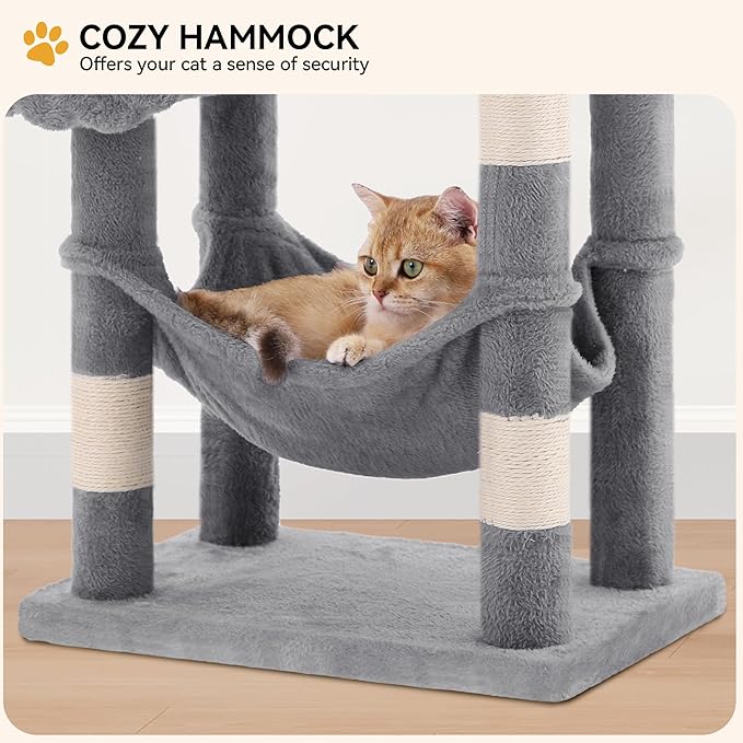 YITAHOME 44in Cat Tree Tower for Indoor Cats, Multi-Level Cat Furniture with Scratching Posts, Cat Window Padded Plush Perch, Cozy Hammock, Funny Pompoms for Kittens Pet Play House, Light Gray