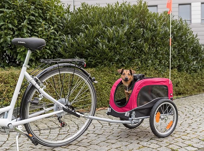 TRIXIE Dog Trailer for Bicycles, Dog Bike Trailer for Small Dogs up to 33 lbs, Quick Set-up and Fold Down, Red