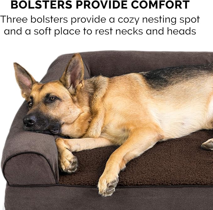 Furhaven Cooling Gel Dog Bed for Large Dogs w/ Removable Bolsters & Washable Cover, For Dogs Up to 125 lbs - Sherpa & Chenille Sofa - Coffee, Jumbo Plus/XXL