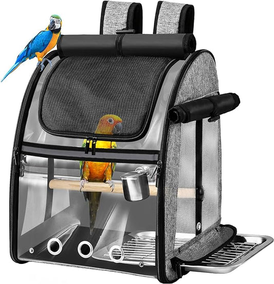 SUERTREE Bird Carrier Bag with Indestructible Stainless Steel Mesh, Bird Travel Cage with Stand, Easy to Clean Backpack for Parrot, Portable Bird Travel Bag, Pet Transparent Breathable Travel Cage