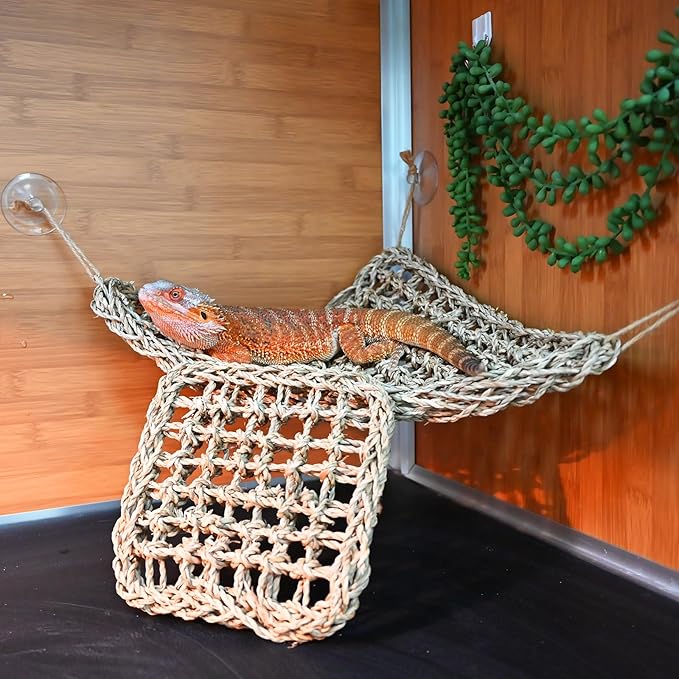 Bearded Dragon Lizard Hammock Reptile Lounger,100% Natural Seagrass Bed and Cage Terrarium Tank Accessories for Geckos,Snakes,Chameleon,Hermit Crab,Axolotl,Iguana 16.5"*11"*11"+7"*7"