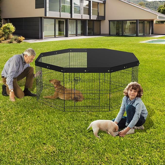 VEVOR Foldable Metal Dog Exercise Pen, Pet Puppy Playpen Yard Fence with Top Cover & Door, Indoor Outdoor 8 Panels 24" W x 24" H Dogs Crate Kennel with Ground Stakes for Small & Medium Dogs