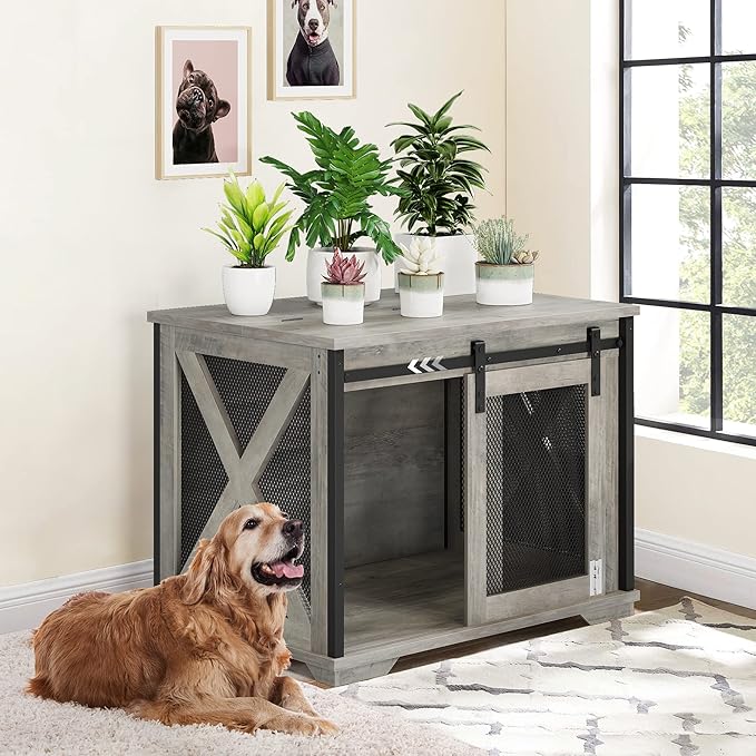 Furniture Style Dog Crate End Table with Sliding Barn Door, Indoor Dog Kennel Furniture with Removable Divider, Flip Top Dog Crate Table, Dog House,Dog Crate Furniture, Grey