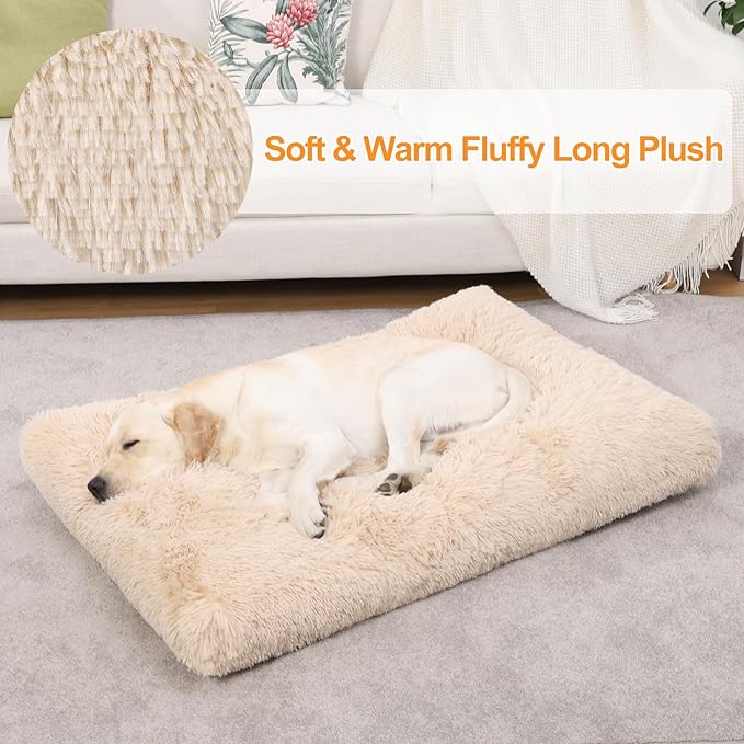 KSIIA Dog Crate Bed Washable Jumbo Dog Beds for Large Dogs Deluxe Plush Fluffy Comfy Thick Kennel Pad Anti-Slip & Anti-Scratch Pet Sleeping Mat, 48 x 29 Inch, Camel
