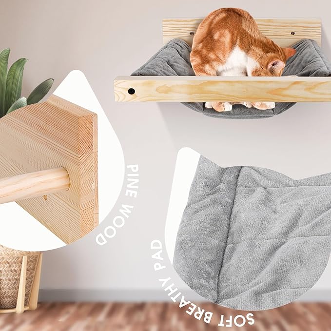 Almcmy Cat Hammock Wall Mounted, Floating Cat Shelves for Wall, Wooden Cat Beds and Perches for Wall, Holds up to 33 lbs, Cat Wall Furniture for Sleeping, Playing, Climbing, Lounging