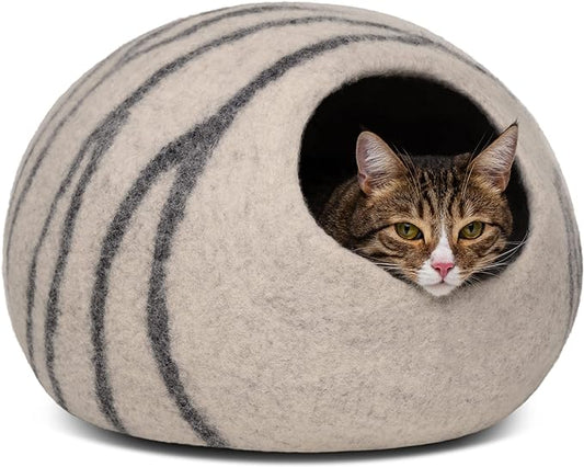 MEOWFIA Premium Felt Cat Bed Cave - Handmade 100% Merino Wool Bed for Cats and Kittens (Light Shades) (Large, Light Grey)
