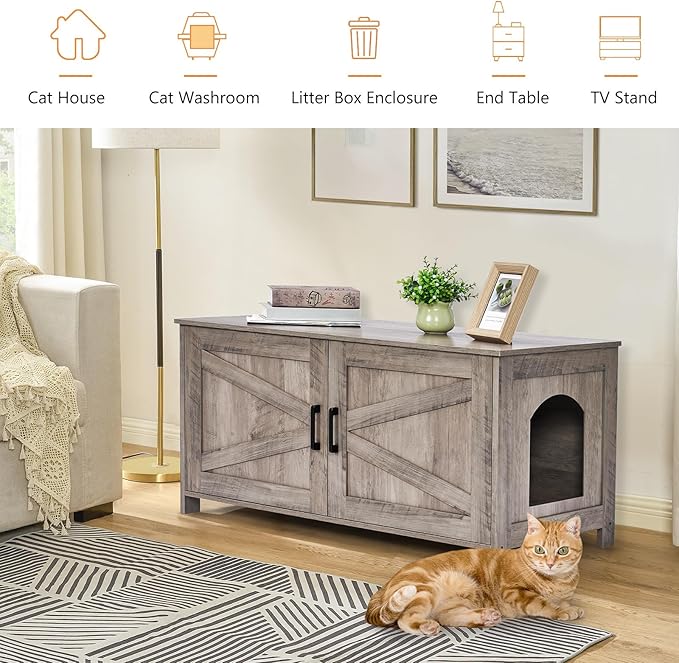 39.4" L Cat Litter Box Enclosure,Litter Box Furniture Hidden with Barn Door,Wooden Cat Washroom Furniture,Cat House,Fit Most of Litter Box, Greige