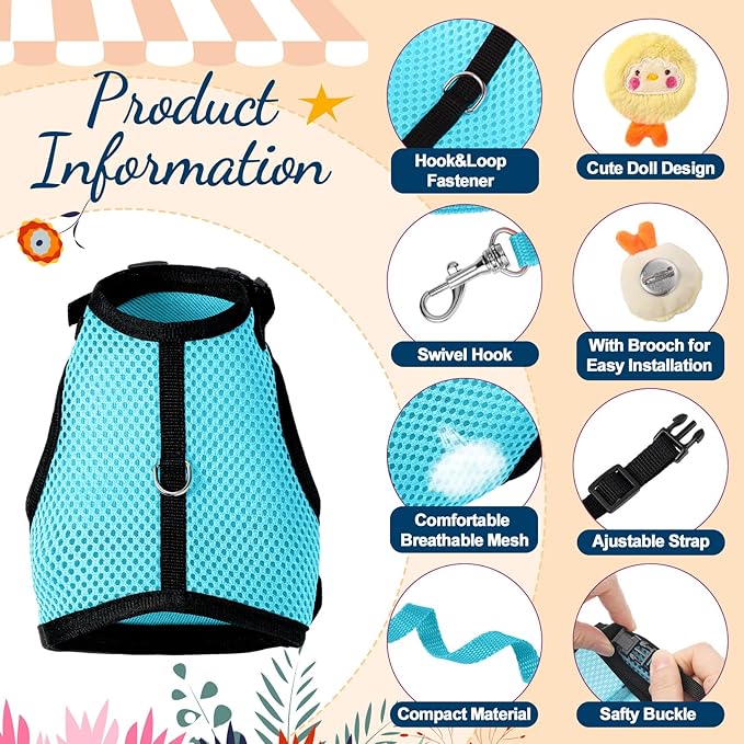 Rabbit Harness and Leash Set with 2 Cute Decorations Soft Adjustable Buckle Breathable Mesh Vest Harness for Rabbits Ferret Small Pig Puppy Walking Supplies (Light Blue,Lively Pattern)